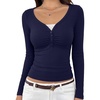 image:imageREORIA Womens Long Sleeve V Neck Lace Shirts Ribbed Henley Going Out TopsNavy Blue