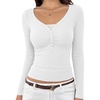 image:imageREORIA Womens Long Sleeve V Neck Lace Shirts Ribbed Henley Going Out TopsWhite