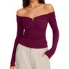 image:imageREORIA Womens Off Shoulder Long Sleeve Going Out Tops Slim Fit Ruched ShirtBurgundy