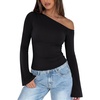 image:imageREORIA Womens Off the Shoulder Tops 2026 Fall Long Sleeve Double Lined Slim Fit Top Trendy ClothesBlack