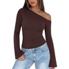 image:imageREORIA Womens Off the Shoulder Tops 2026 Fall Long Sleeve Double Lined Slim Fit Top Trendy ClothesCoffee