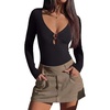 image:imageREORIA Womens Sexy Deep V Neck Long Sleeve Bodysuit Metal Ring Cutout TopsBlack Onyx
