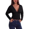 image:imageREORIA Womens V Neck Batwing Sleeve Ruched Fitted Going Out Tops 2026 FallBlack