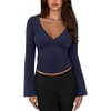 image:imageREORIA Womens Wrap Deep V Neck Shirts Long Bell Sleeve Going Out TopsNavy Blue