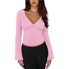 image:imageREORIA Womens Wrap Deep V Neck Shirts Long Bell Sleeve Going Out TopsPink