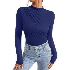 image:imageREORIA Womens Long Sleeve Ruched Bodysuit TopsBellwether Blue