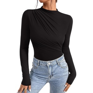 image:imageREORIA Womens Long Sleeve Ruched Bodysuit TopsBlack