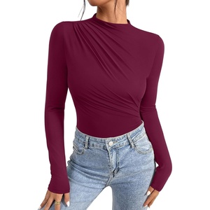 image:imageREORIA Womens Long Sleeve Ruched Bodysuit TopsCordovan