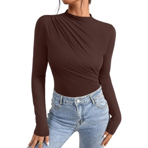 image:imageREORIA Womens Long Sleeve Ruched Bodysuit TopsShaved Chocolate