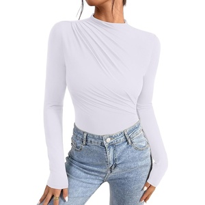 image:imageREORIA Womens Long Sleeve Ruched Bodysuit TopsWhite
