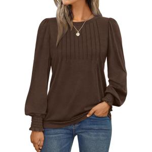 imageAUTOMET Long Sleeve Shirts Womens Pleated Business Casual Blouses with Smocked CuffsBrown