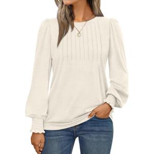 imageAUTOMET Long Sleeve Shirts Womens Pleated Business Casual Blouses with Smocked CuffsCream