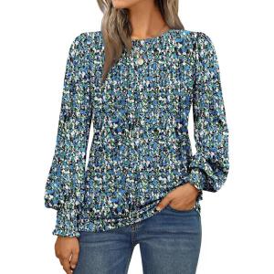 imageAUTOMET Long Sleeve Shirts Womens Pleated Business Casual Blouses with Smocked CuffsFloral Blue
