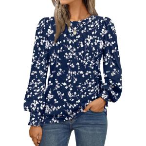 imageAUTOMET Long Sleeve Shirts Womens Pleated Business Casual Blouses with Smocked CuffsFloral Navy
