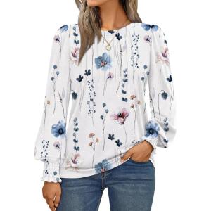 imageAUTOMET Long Sleeve Shirts Womens Pleated Business Casual Blouses with Smocked CuffsFloral White