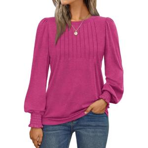 imageAUTOMET Long Sleeve Shirts Womens Pleated Business Casual Blouses with Smocked CuffsHot Pink