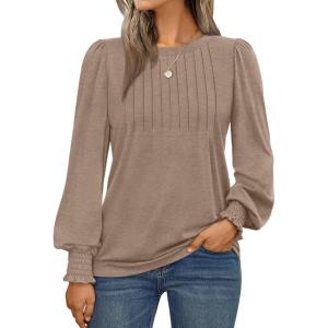 imageAUTOMET Long Sleeve Shirts Womens Pleated Business Casual Blouses with Smocked CuffsKhaki