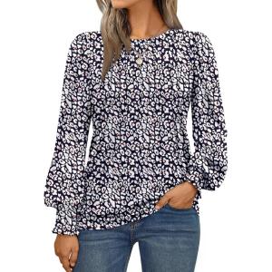 imageAUTOMET Long Sleeve Shirts Womens Pleated Business Casual Blouses with Smocked CuffsLeopard Black