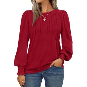 imageAUTOMET Long Sleeve Shirts Womens Pleated Business Casual Blouses with Smocked CuffsRed