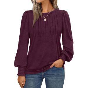 imageAUTOMET Long Sleeve Shirts Womens Pleated Business Casual Blouses with Smocked CuffsWine Red
