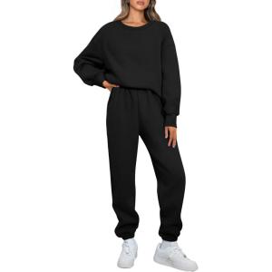 imageAUTOMET Womens 2 Piece Outfits Sweatsuit Oversized Sweatshirt Lounge Sets Baggy Sweatpants Fall Fashion with PocketsBlack