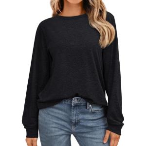 imageAUTOMET Womens Long Sleeve Shirts Casual Loose Fit Tees Solid Color Oversized Basic Tops Business Casual OutfitsBlack
