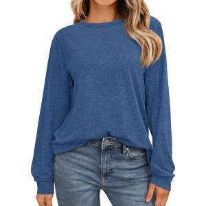 imageAUTOMET Womens Long Sleeve Shirts Casual Loose Fit Tees Solid Color Oversized Basic Tops Business Casual OutfitsBlue