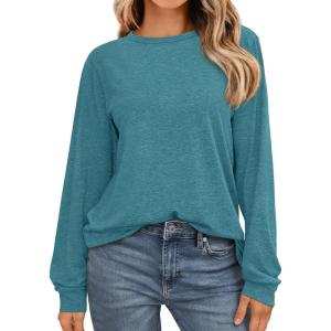 imageAUTOMET Womens Long Sleeve Shirts Casual Loose Fit Tees Solid Color Oversized Basic Tops Business Casual OutfitsBlue Green