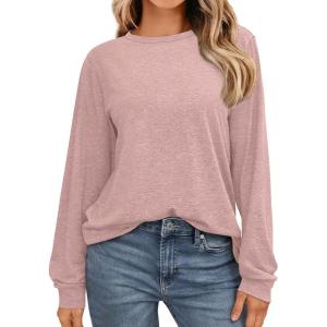 imageAUTOMET Womens Long Sleeve Shirts Casual Loose Fit Tees Solid Color Oversized Basic Tops Business Casual OutfitsPink