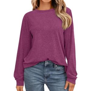 imageAUTOMET Womens Long Sleeve Shirts Casual Loose Fit Tees Solid Color Oversized Basic Tops Business Casual OutfitsPurple