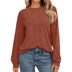 imageAUTOMET Womens Long Sleeve Shirts Casual Loose Fit Tees Solid Color Oversized Basic Tops Business Casual OutfitsRust