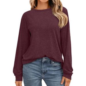 imageAUTOMET Womens Long Sleeve Shirts Casual Loose Fit Tees Solid Color Oversized Basic Tops Business Casual OutfitsWine Red