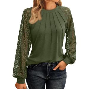 imageAUTOMET Womens Long Sleeve Shirts Lace Tops Business Casual Fall Fashion Outfits Clothes Knitted Y2k BlousesArmygreen