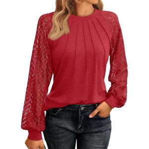 imageAUTOMET Womens Long Sleeve Shirts Lace Tops Business Casual Fall Fashion Outfits Clothes Knitted Y2k BlousesBrightred