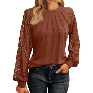imageAUTOMET Womens Long Sleeve Shirts Lace Tops Business Casual Fall Fashion Outfits Clothes Knitted Y2k BlousesBrown
