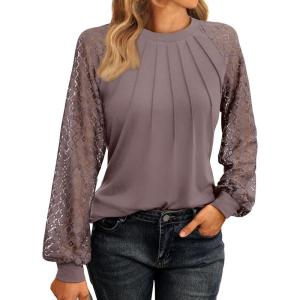 imageAUTOMET Womens Long Sleeve Shirts Lace Tops Business Casual Fall Fashion Outfits Clothes Knitted Y2k BlousesCoffee