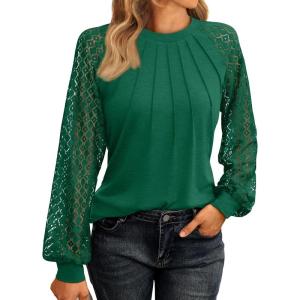 imageAUTOMET Womens Long Sleeve Shirts Lace Tops Business Casual Fall Fashion Outfits Clothes Knitted Y2k BlousesGreen