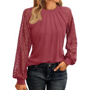imageAUTOMET Womens Long Sleeve Shirts Lace Tops Business Casual Fall Fashion Outfits Clothes Knitted Y2k BlousesRust