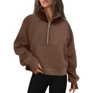 imageAUTOMET Womens Sweatshirts Half Zip Cropped Pullover Fleece Quarter Zipper Hoodies 2025 Fall Fashion Outfits ClothesBrown