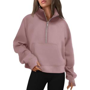 imageAUTOMET Womens Sweatshirts Half Zip Cropped Pullover Fleece Quarter Zipper Hoodies 2025 Fall Fashion Outfits ClothesDarkpink