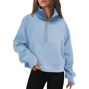 imageAUTOMET Womens Sweatshirts Half Zip Cropped Pullover Fleece Quarter Zipper Hoodies 2025 Fall Fashion Outfits ClothesLightblue