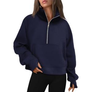 imageAUTOMET Womens Sweatshirts Half Zip Cropped Pullover Fleece Quarter Zipper Hoodies 2025 Fall Fashion Outfits ClothesNavyblue