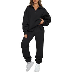 imageAUTOMET Womens Sweatsuits 2 Piece Outfits Long Sleeve Half Zip Pullover and Baggy Sweatpants with PocketsBlack