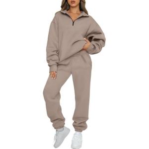 imageAUTOMET Womens Sweatsuits 2 Piece Outfits Long Sleeve Half Zip Pullover and Baggy Sweatpants with PocketsCoffeegrey