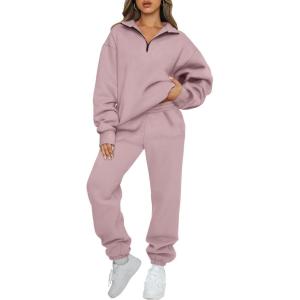 imageAUTOMET Womens Sweatsuits 2 Piece Outfits Long Sleeve Half Zip Pullover and Baggy Sweatpants with PocketsDarkpink