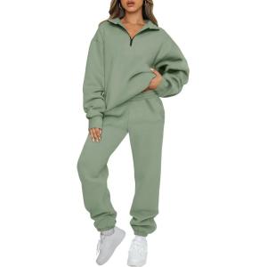 imageAUTOMET Womens Sweatsuits 2 Piece Outfits Long Sleeve Half Zip Pullover and Baggy Sweatpants with PocketsGreen