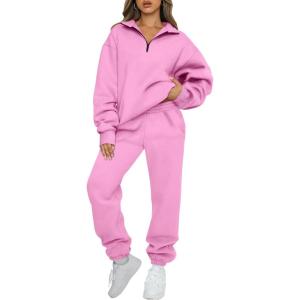 imageAUTOMET Womens Sweatsuits 2 Piece Outfits Long Sleeve Half Zip Pullover and Baggy Sweatpants with PocketsPink
