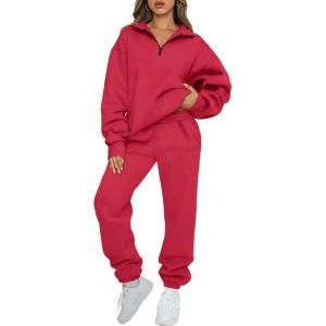 imageAUTOMET Womens Sweatsuits 2 Piece Outfits Long Sleeve Half Zip Pullover and Baggy Sweatpants with PocketsRed