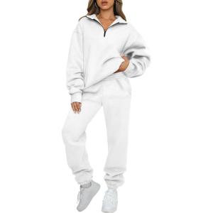 imageAUTOMET Womens Sweatsuits 2 Piece Outfits Long Sleeve Half Zip Pullover and Baggy Sweatpants with PocketsWhite
