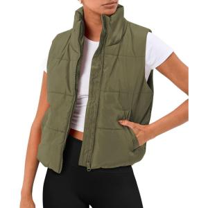 imageAUTOMET Puffer Vest Women Sleeveless Winter Cropped Outerwear Warm Puffer Lightweight Standup Collar Down with PocketsArmy Green